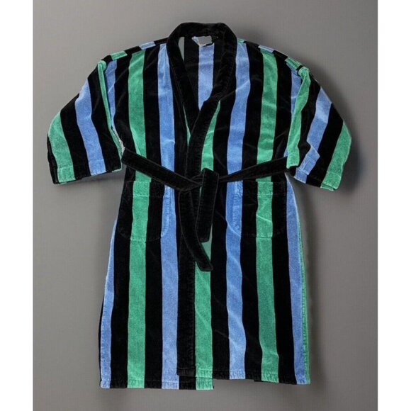 EUC Vintage Bill Blass Green Blue Black Thick Heavy Terry Striped Hotel Robe OS - Picture 2 of 6